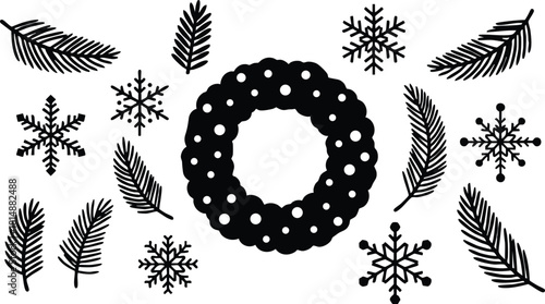 Winter wreath design featuring snowflakes and pine leaves for festive holiday decorations 