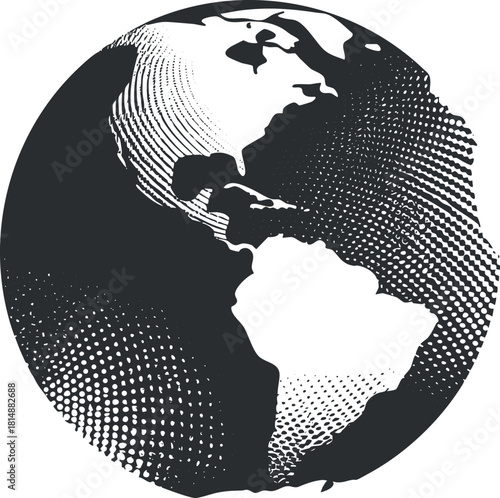 Monochrome halftone illustration of a globe showing continents in an abstract style.
