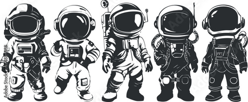 Black and white vector illustration of five cartoon astronauts in space suits and helmets.