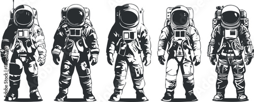 Monochrome illustration of five astronauts in space suits, showcasing design and exploration themes.