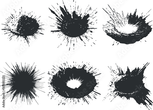 Set of six abstract black ink splatter designs on a white background, showcasing dynamic bursts.