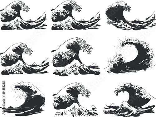 Collection of black and white wave illustrations depicting dynamic ocean scenes with artistic style.