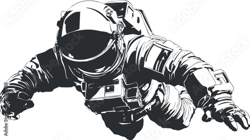 Black and white illustration of an astronaut in a spacesuit floating in space.