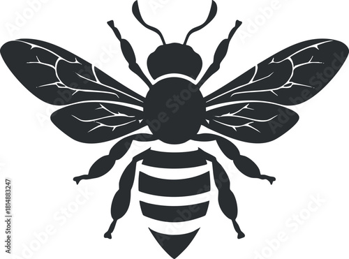 Black and white silhouette of a bee with detailed wings and body structure.