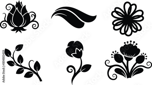 Floral design elements featuring various flowers and leaves in elegant silhouettes for creative projects 