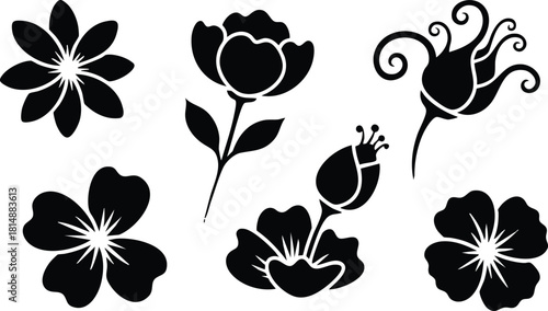 Black silhouette flower collection with various floral designs for creative projects and decorations