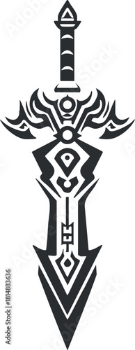 Black and white tribal sword tattoo design featuring intricate and decorative patterns.