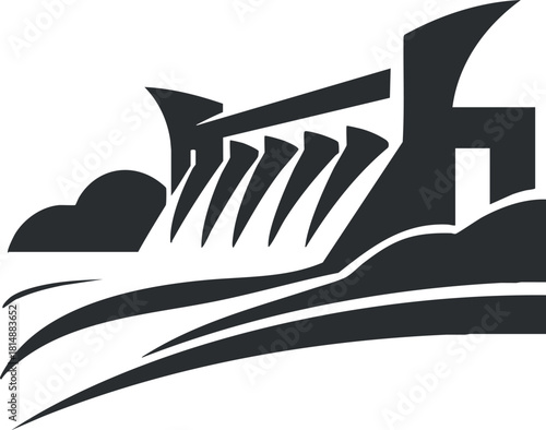 Abstract black and white illustration of a dam structure with flowing water and clouds.