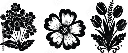 Floral vector art featuring three distinct flower designs in black and white for creative projects 