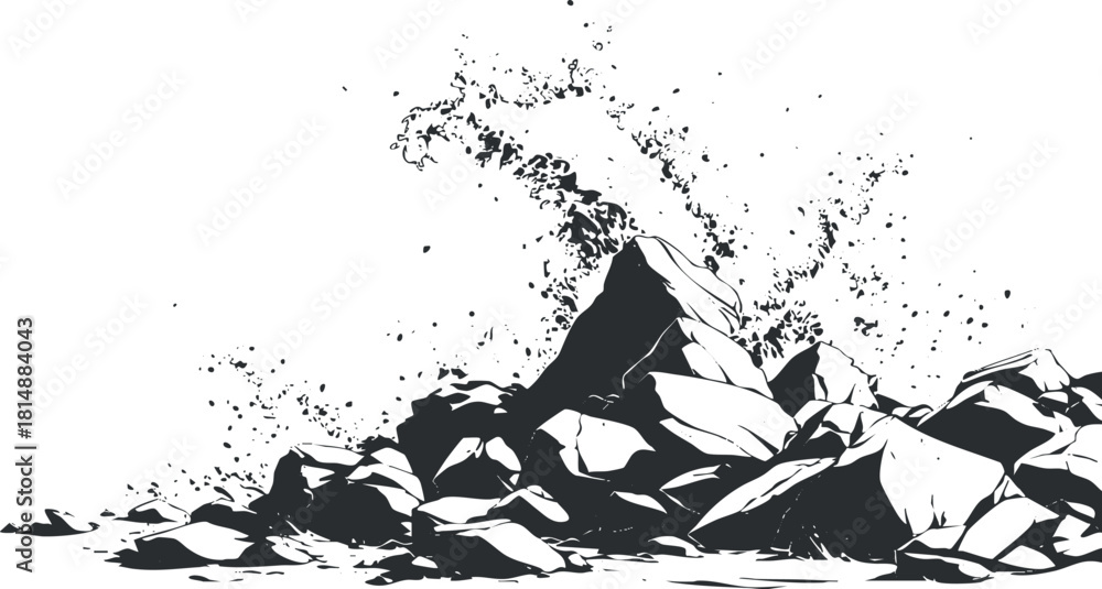 Fototapeta premium Monochrome illustration of a chaotic pile of rocks and debris, emphasizing texture and contrast.