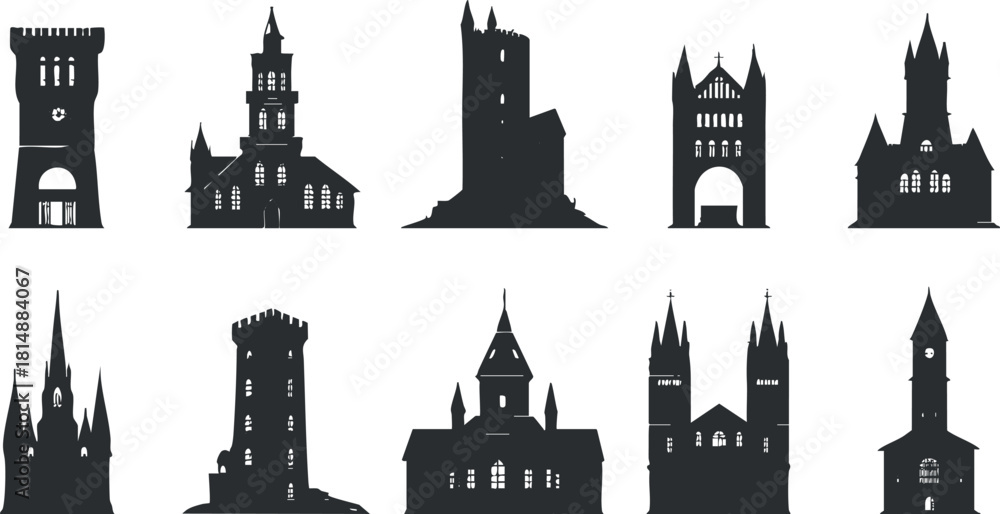 Fototapeta premium Silhouettes of various historic castles and churches showcasing gothic architecture and medieval designs.