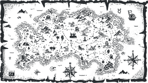 Vintage pirate treasure map illustration with detailed nautical symbols and compass rose.