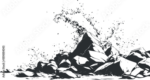 Monochrome illustration of a chaotic pile of rocks and debris, emphasizing texture and contrast.