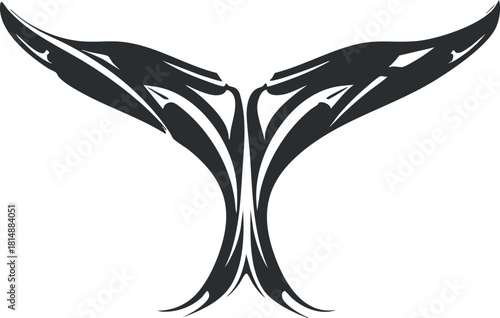 Tribal tattoo design of a stylized whale tail in black and white abstract pattern.