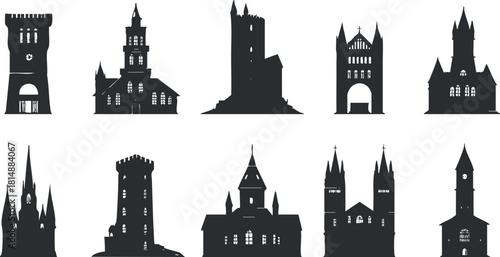 Silhouettes of various historic castles and churches showcasing gothic architecture and medieval designs.