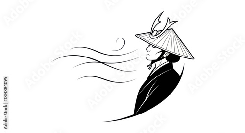 Samurai Warrior in Straw Hat: A Study in Focus and Determination.