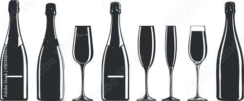 Monochrome silhouette of wine bottles and glasses, ideal for party or celebration themes.