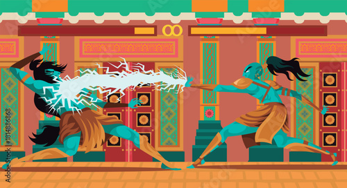 indian temple battle videogame with blue gods using electric powers