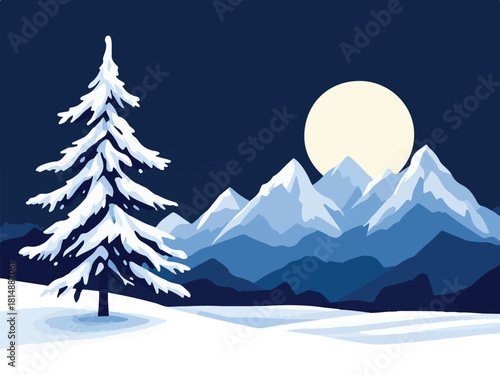 Winter Night Mountain Landscape Vector
