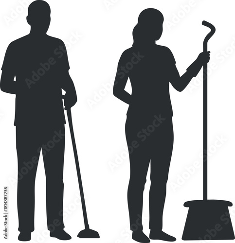 Silhouette vector illustration of male and female cleaners using cleaning tools for housekeeping and maintenance projects