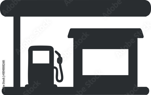 Minimalist black silhouette vector illustration of a gas station with a fuel pump and convenience store design