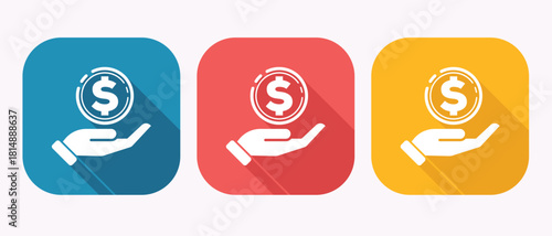 Investment fund hand holding dollar coin icon concept for business income success rounded square shape