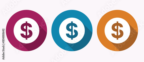 Colored icon of dollar sign with long shadow representing money finance and business concept 99x