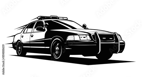 Black and White Police Car in Motion Illustration.