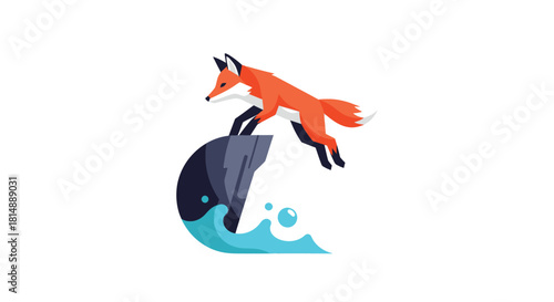 Fox leaping from a cliff into water