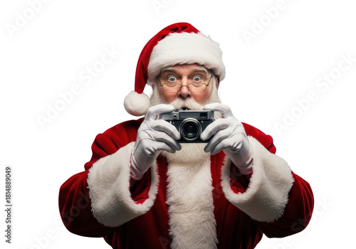 Portrait of santa claus wearing glasses and holding a vintage camera taking a picture, isolated on transparent background