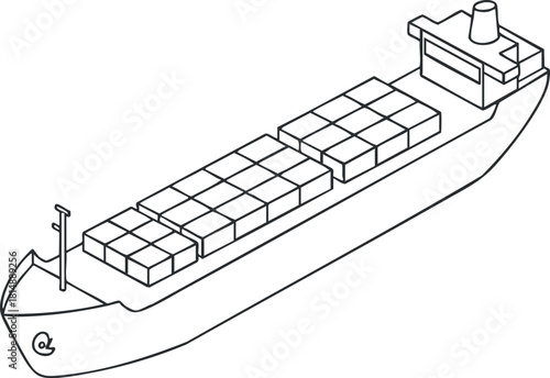Isometric line art vector illustration of a cargo ship filled with containers for transportation and logistics projects