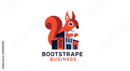 Graphic image shows an orange squirrel perched atop blue buildings