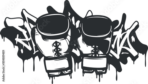 Stylized graffiti vector illustration featuring boxing gloves with urban street art elements, perfect for sports-themed designs and apparel.