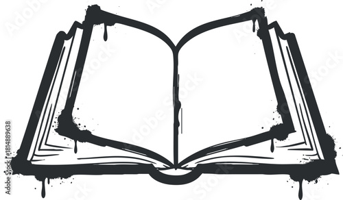 Stylized black and white vector illustration of an open book, ideal for educational and literary design projects