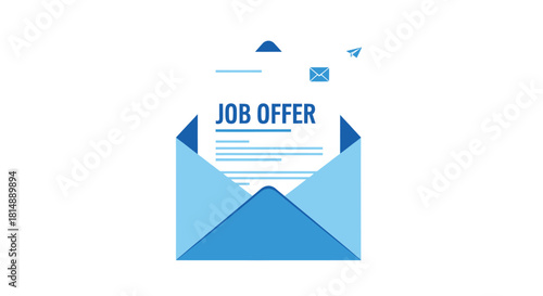 An open, blue envelope contains a 'Job Offer' letter