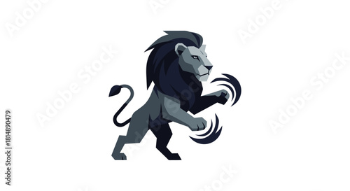 Graphic illustration of a poised, dark grey lion with stylized claws, rendered in sharp, geometric shapes