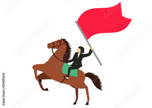 馬に乗り旗を持つスーツを着た女性
