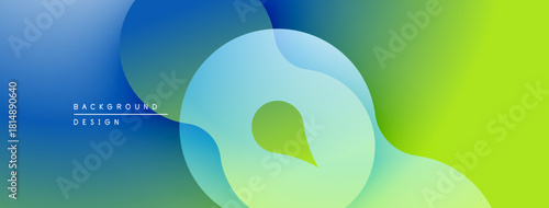 Abstract fluid shapes, vibrant blues, greens create dynamic background. Smooth gradients, modern design elements present.