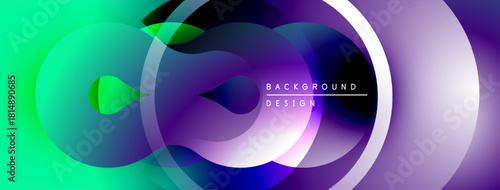 Abstract fluid shapes, vibrant gradients. Modern design elements create dynamic visual experience. Purple, green hues dominate composition.