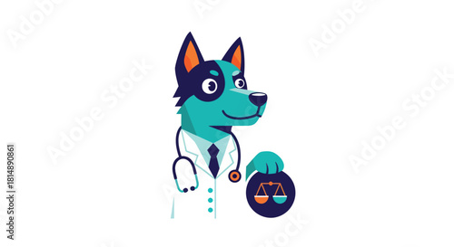 Teal dog doctor wearing a coat and holding scales