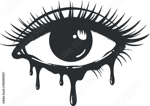 Stylized black vector illustration of an eye with dripping tears, perfect for emotive designs and artistic projects