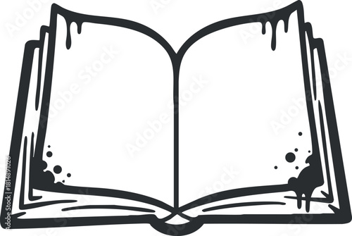 Stylized vector illustration of an open book with ink splashes, perfect for educational and literary designs