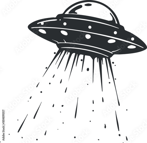 Stylized black and white vector illustration of a UFO with a beam of light, ideal for science fiction and alien themes