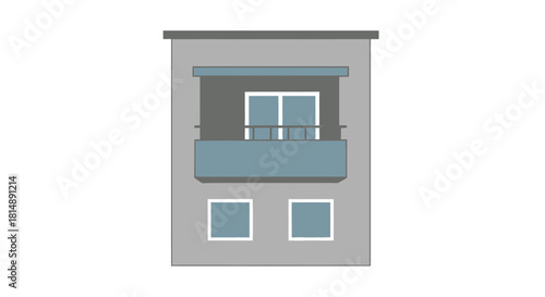 Minimalist, two-story building, gray with blue balcony