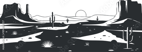 Monochrome vector illustration of a vast desert landscape featuring cacti and rocky formations at sunset for design projects.