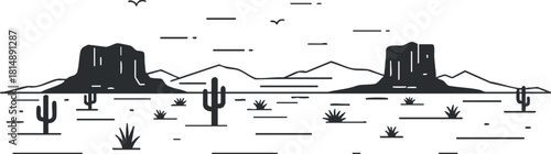 Minimalist black and white vector illustration of a desert landscape featuring mountains and cacti, ideal for nature-themed design projects