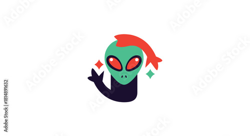 Stylized cartoon alien head with red eyes, green skin, dark body, red fin, and sparkles