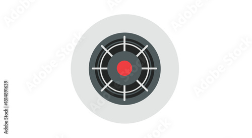 Round gray target with inner rings, white lines, and red center on white background