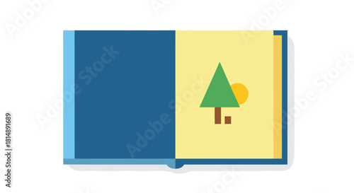 Open book with simplified nature scene