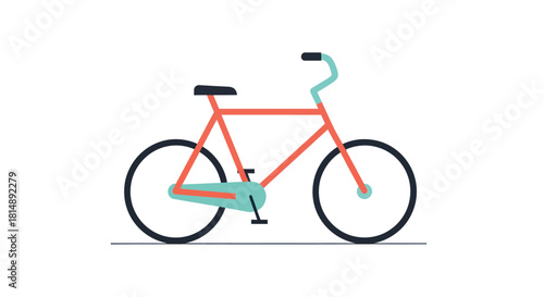 Graphic bicycle with coral frame, black wheels, aqua accents